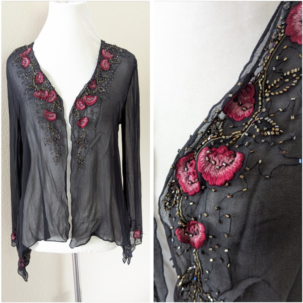Vintage Sheer Cardigan Black Beaded Floral Embroidered Pointed Sleeve Red Pink